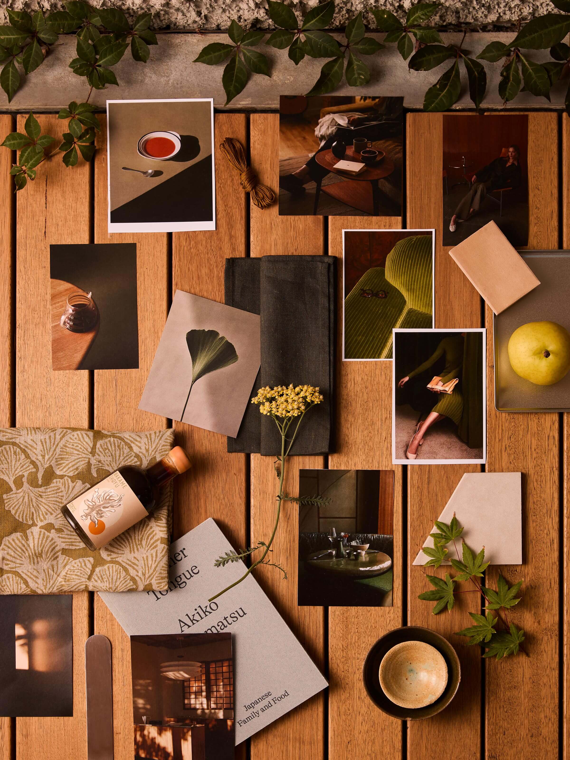 interior design moodboard with japanese aesthetic and green, warm tones