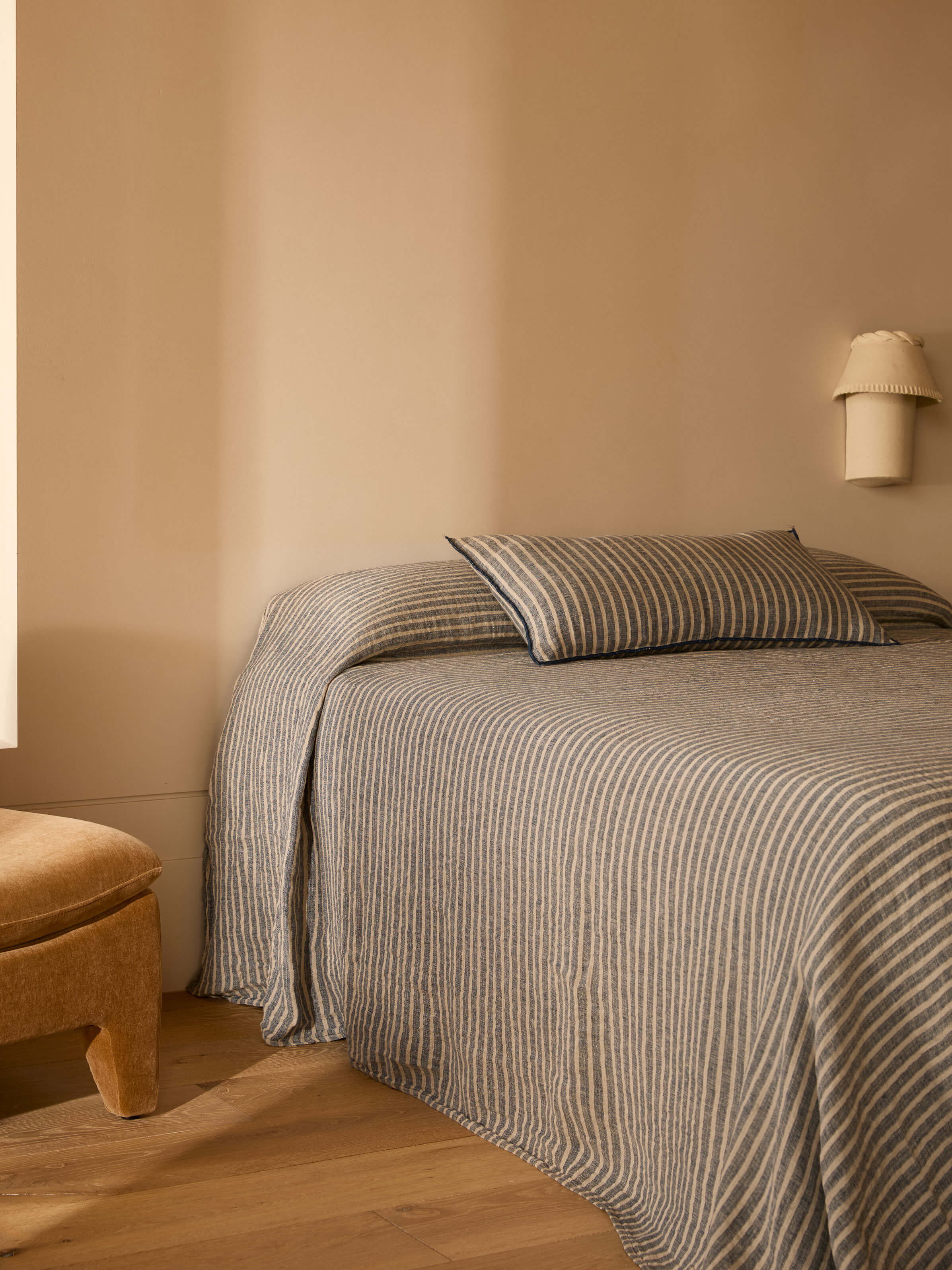 Ava Indigo Stripe Pure Linen Bedcover