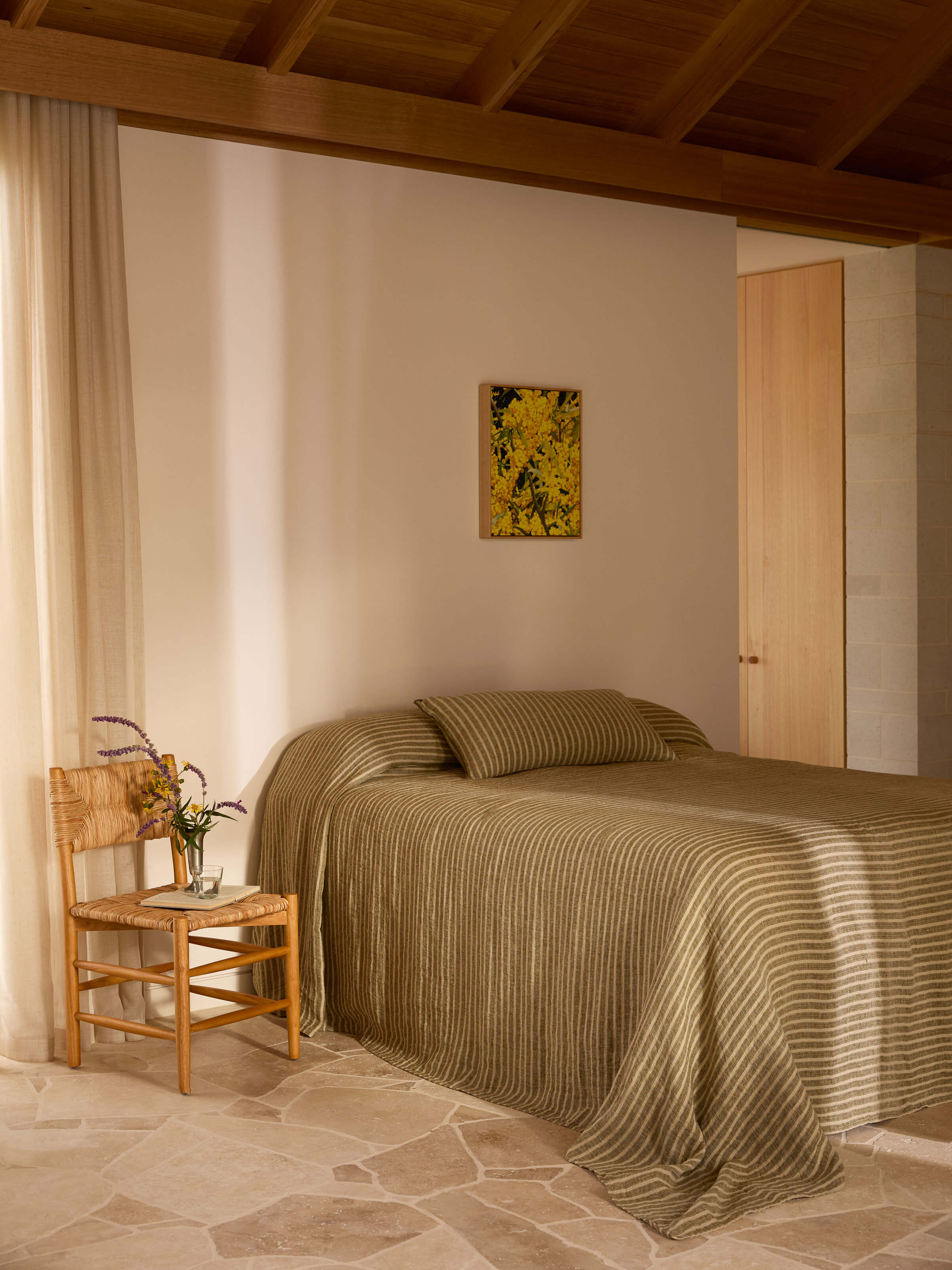 Ava Khaki Stripe Pure Linen Bedcover