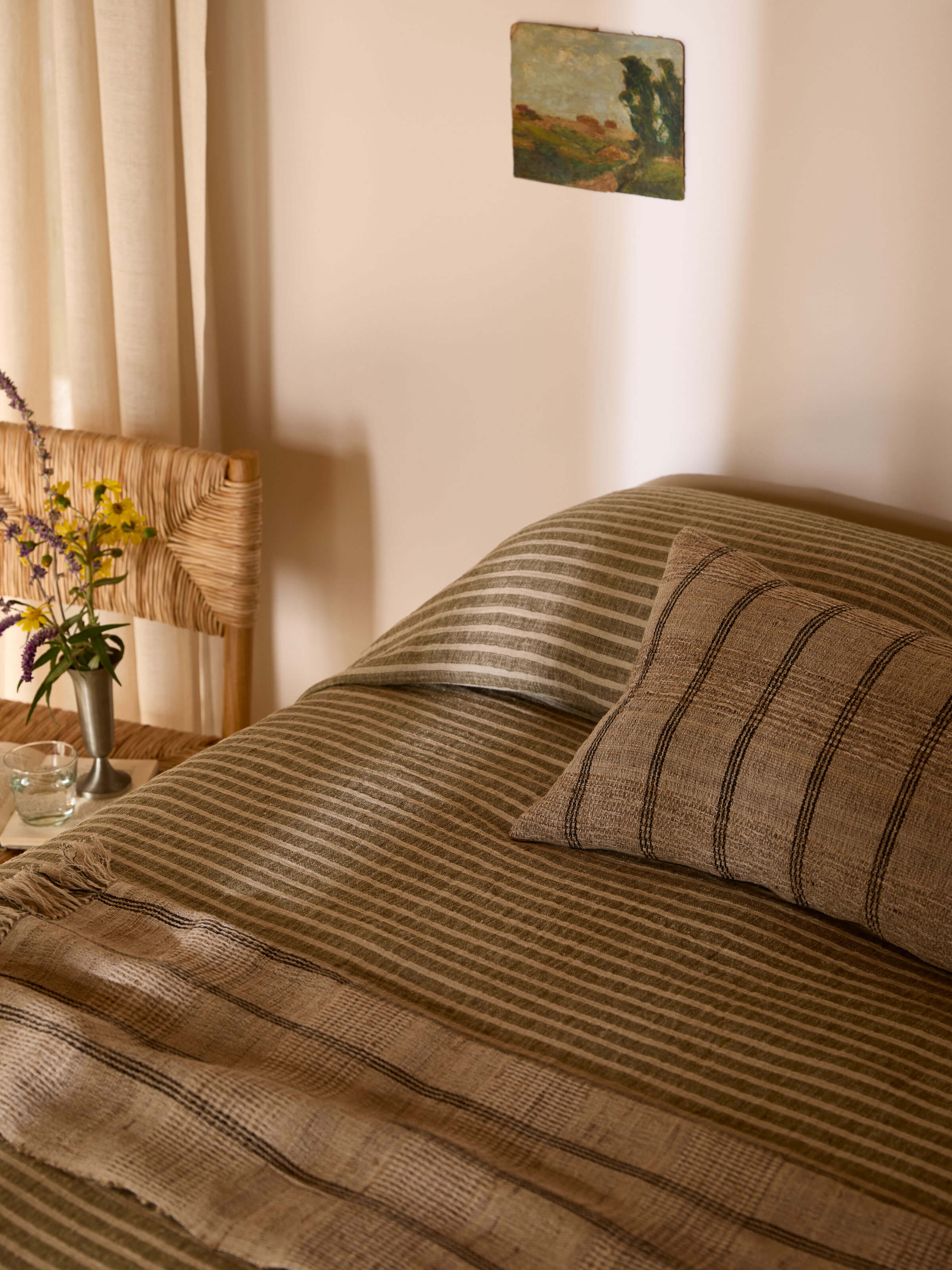 Ava Khaki Stripe Pure Linen Bedcover