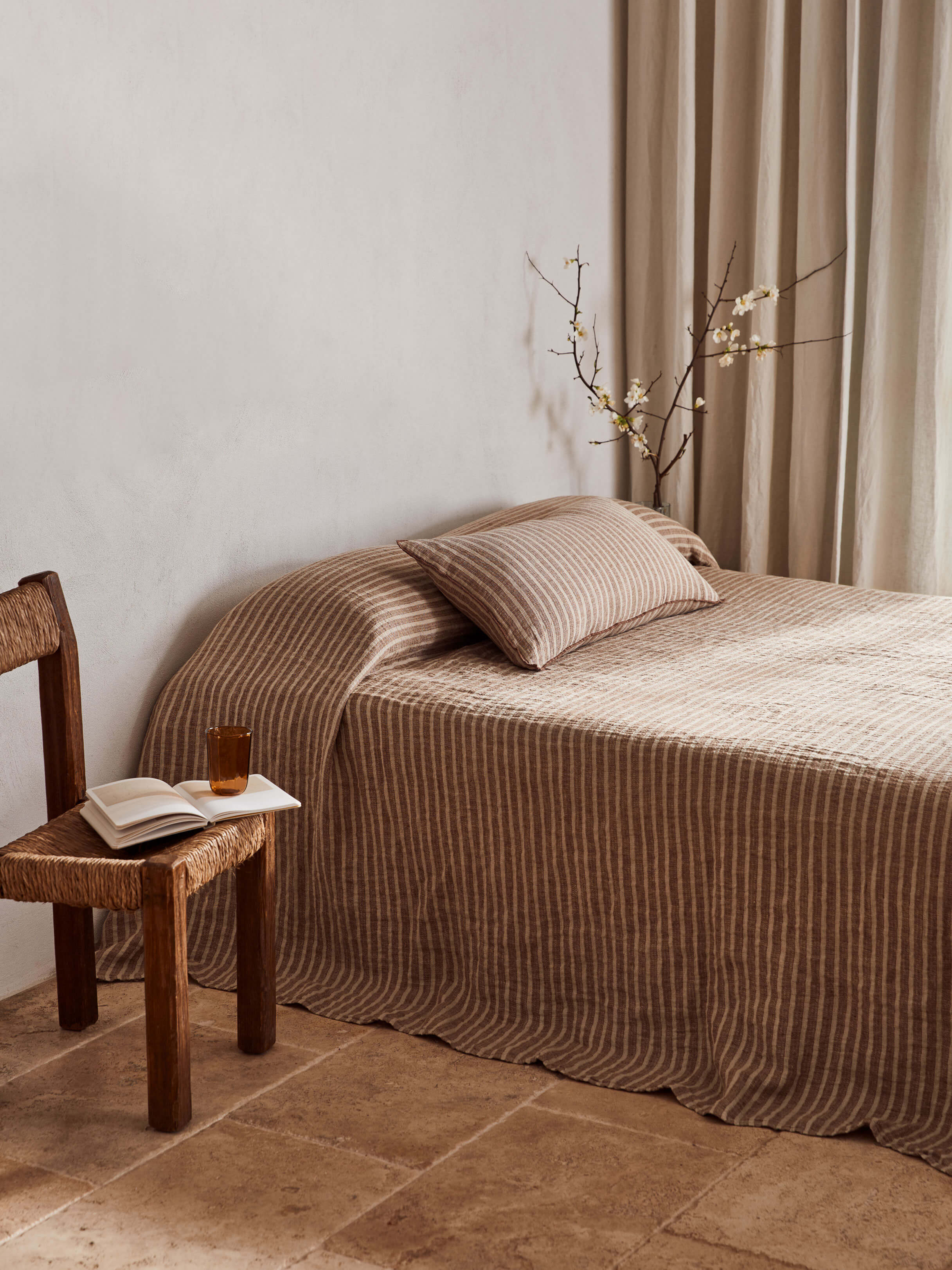 Ava Toffee Stripe Pure Linen Bedcover