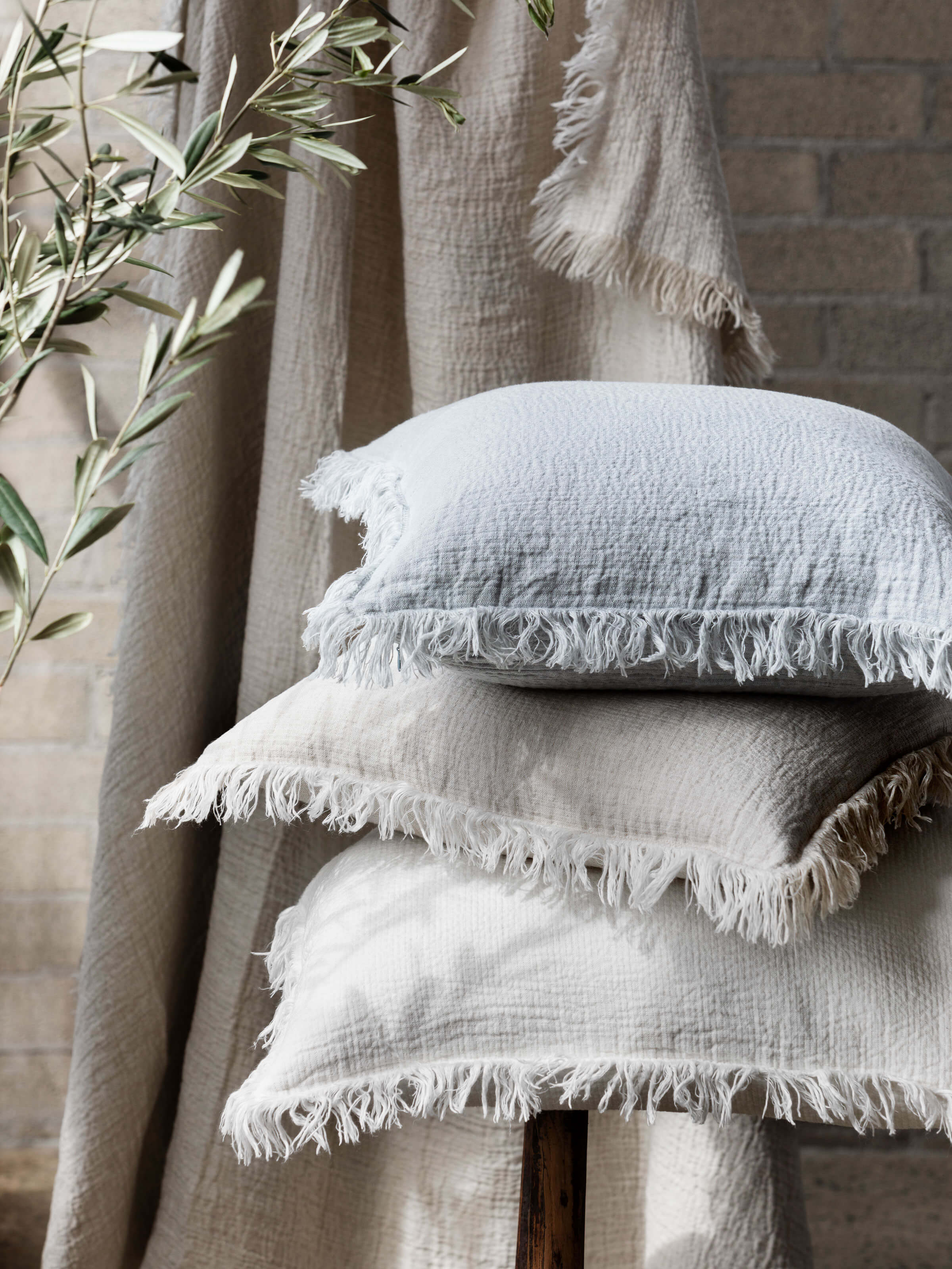 Ava Fossil Fringed Pure Linen Cushion